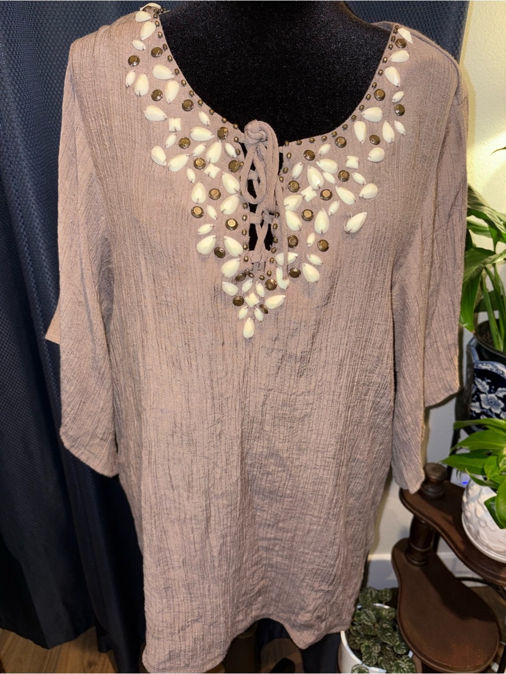 dressbarn Bohemian Taupe Embellished Peasant Tunic